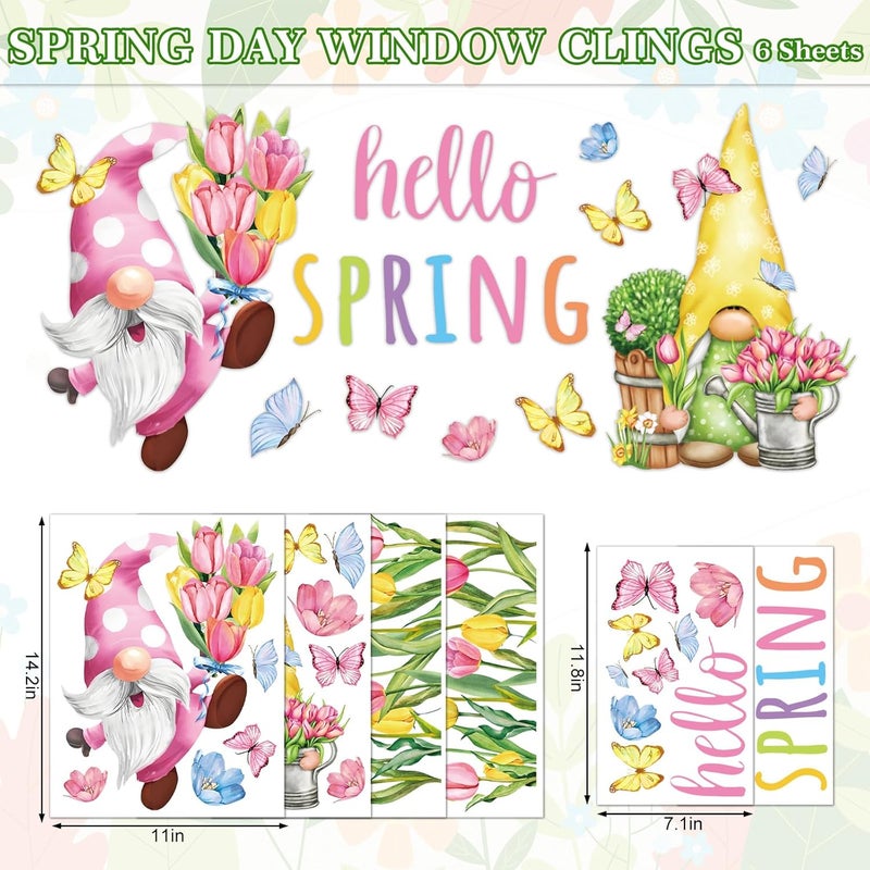 Whaline 6 Sheet Hello Spring Window Clings Pink Tulip Floral Gnome Butterfly Reusable Window Decals for Home School Office Party Supplies - Image 5